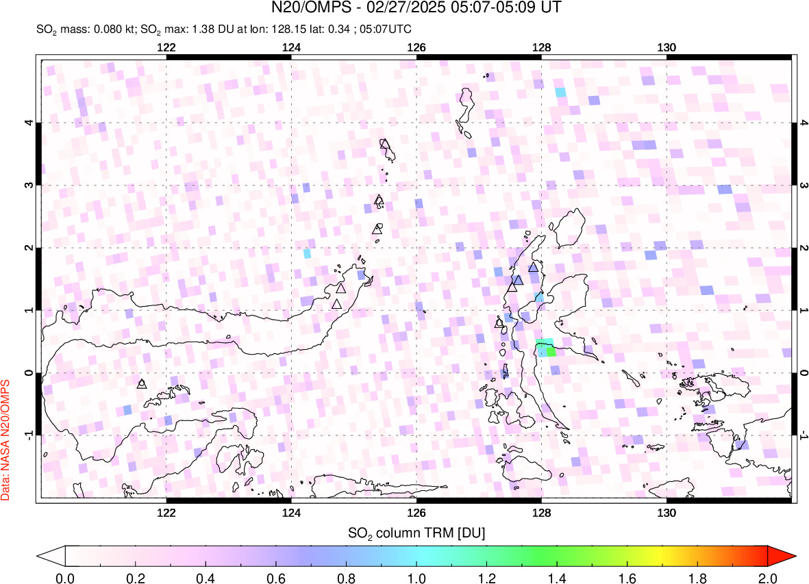 A sulfur dioxide image over Northern Sulawesi & Halmahera, Indonesia on Feb 27, 2025.