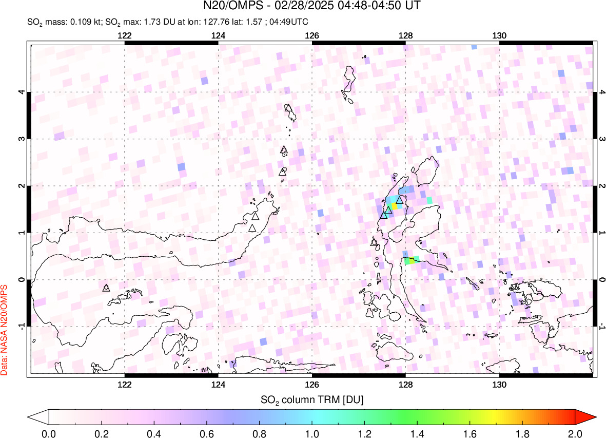 A sulfur dioxide image over Northern Sulawesi & Halmahera, Indonesia on Feb 28, 2025.