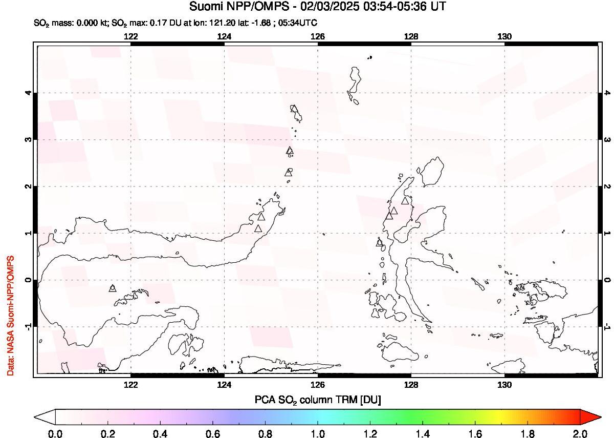 A sulfur dioxide image over Northern Sulawesi & Halmahera, Indonesia on Feb 03, 2025.