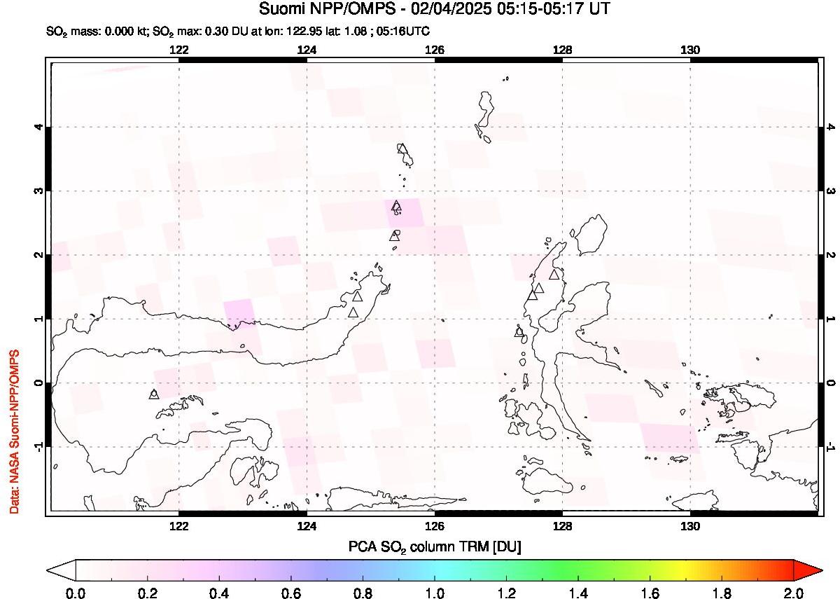 A sulfur dioxide image over Northern Sulawesi & Halmahera, Indonesia on Feb 04, 2025.