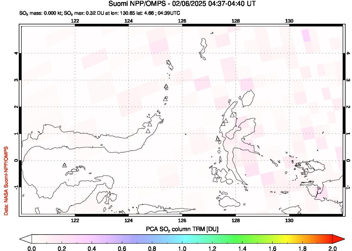 A sulfur dioxide image over Northern Sulawesi & Halmahera, Indonesia on Feb 06, 2025.