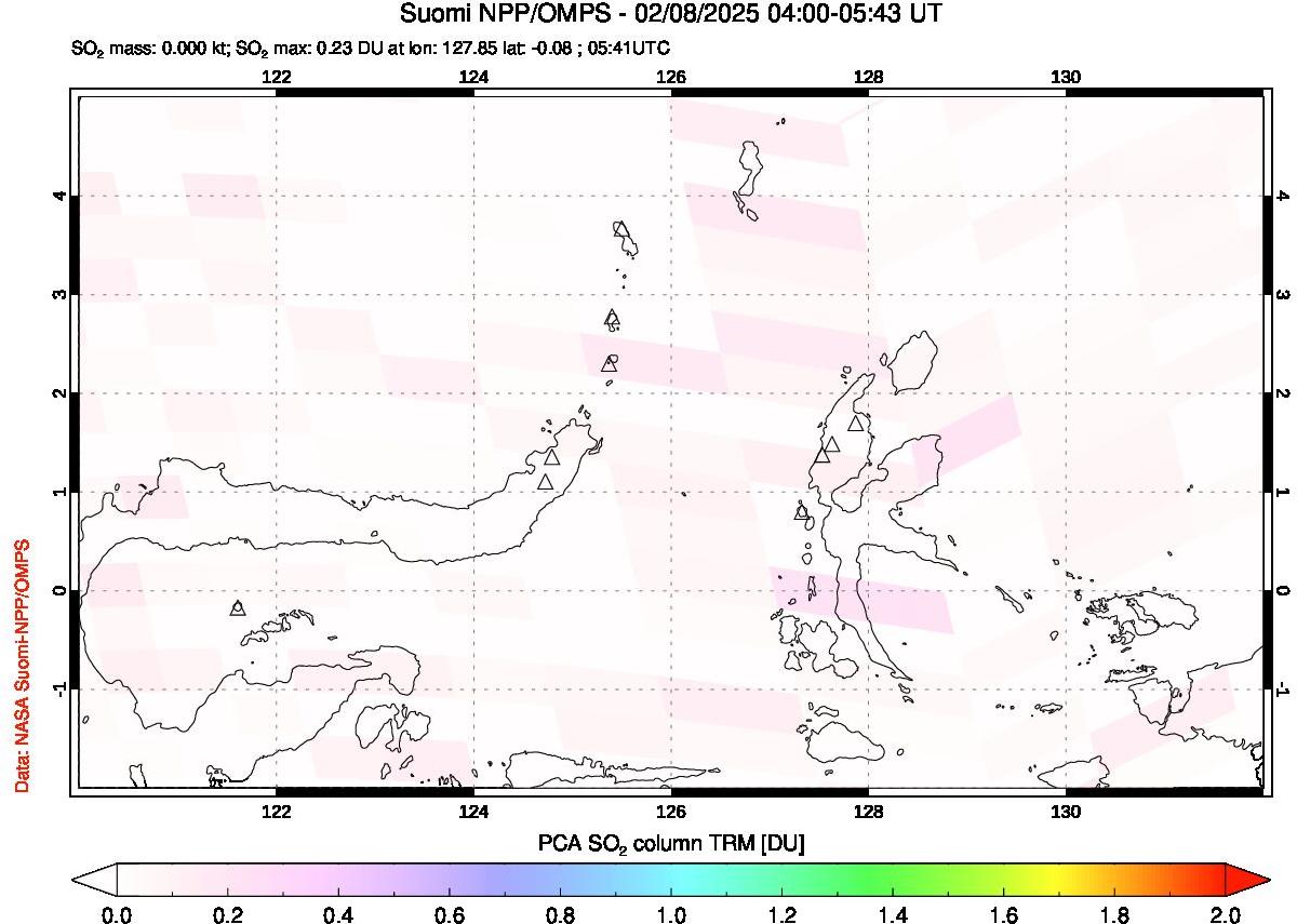 A sulfur dioxide image over Northern Sulawesi & Halmahera, Indonesia on Feb 08, 2025.