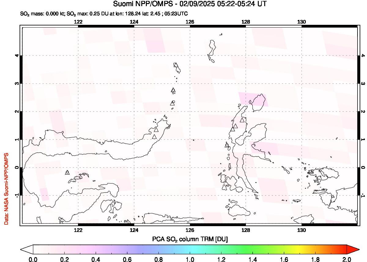 A sulfur dioxide image over Northern Sulawesi & Halmahera, Indonesia on Feb 09, 2025.