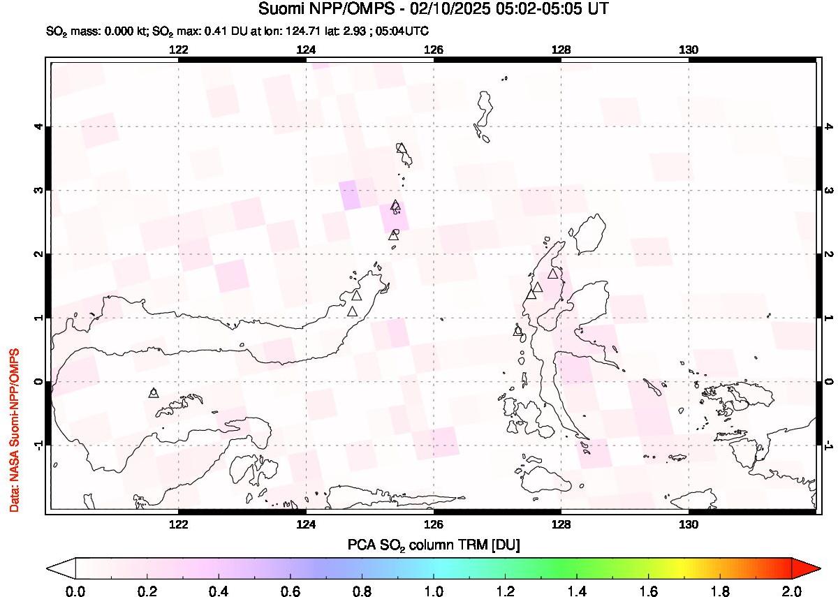 A sulfur dioxide image over Northern Sulawesi & Halmahera, Indonesia on Feb 10, 2025.