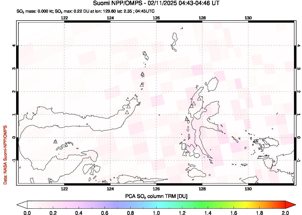 A sulfur dioxide image over Northern Sulawesi & Halmahera, Indonesia on Feb 11, 2025.