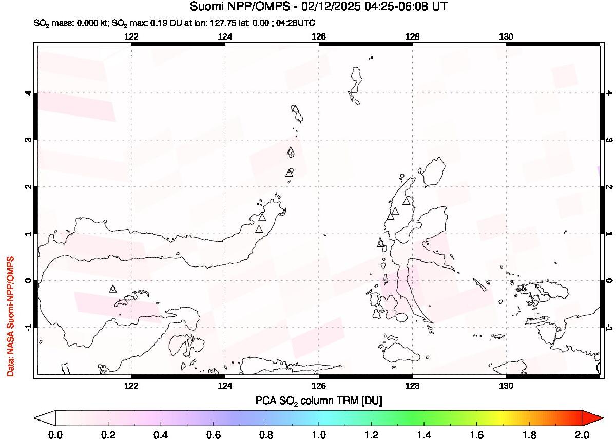 A sulfur dioxide image over Northern Sulawesi & Halmahera, Indonesia on Feb 12, 2025.