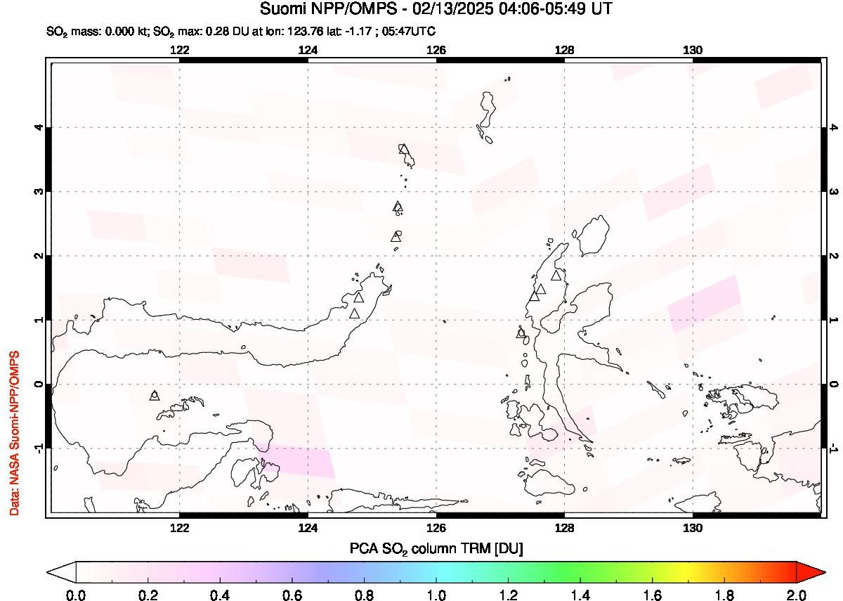 A sulfur dioxide image over Northern Sulawesi & Halmahera, Indonesia on Feb 13, 2025.