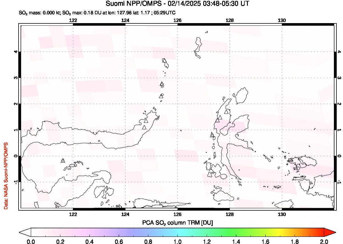 A sulfur dioxide image over Northern Sulawesi & Halmahera, Indonesia on Feb 14, 2025.