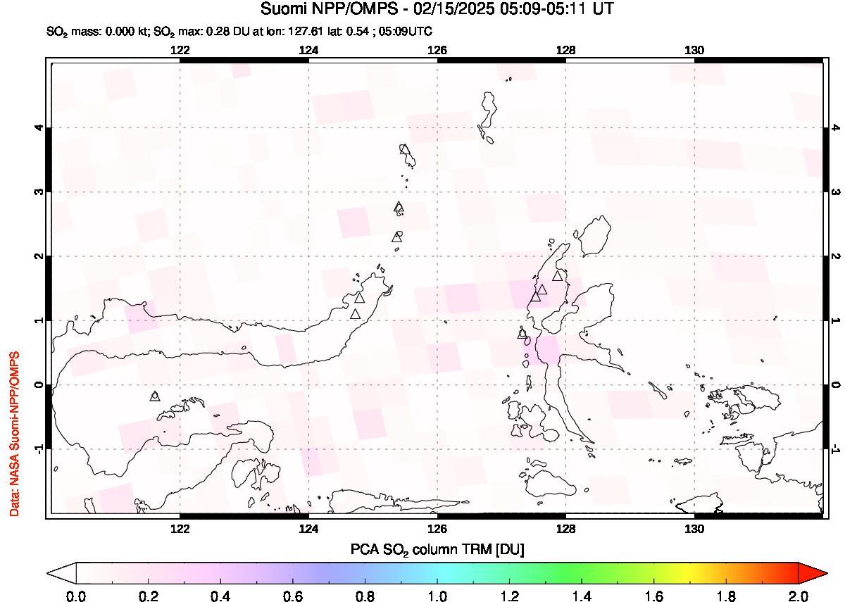 A sulfur dioxide image over Northern Sulawesi & Halmahera, Indonesia on Feb 15, 2025.