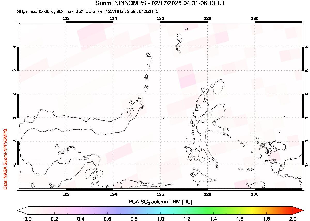 A sulfur dioxide image over Northern Sulawesi & Halmahera, Indonesia on Feb 17, 2025.