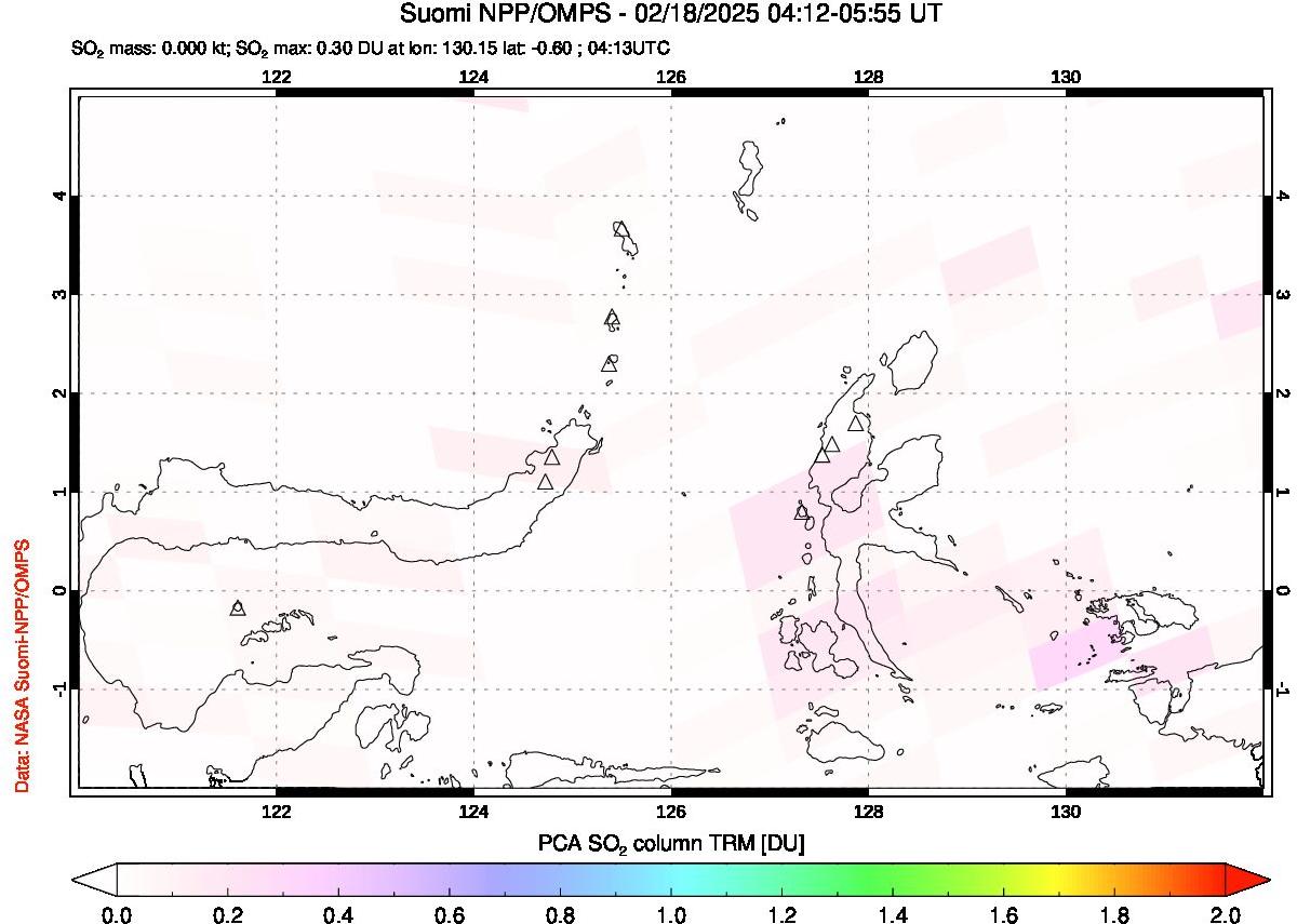 A sulfur dioxide image over Northern Sulawesi & Halmahera, Indonesia on Feb 18, 2025.