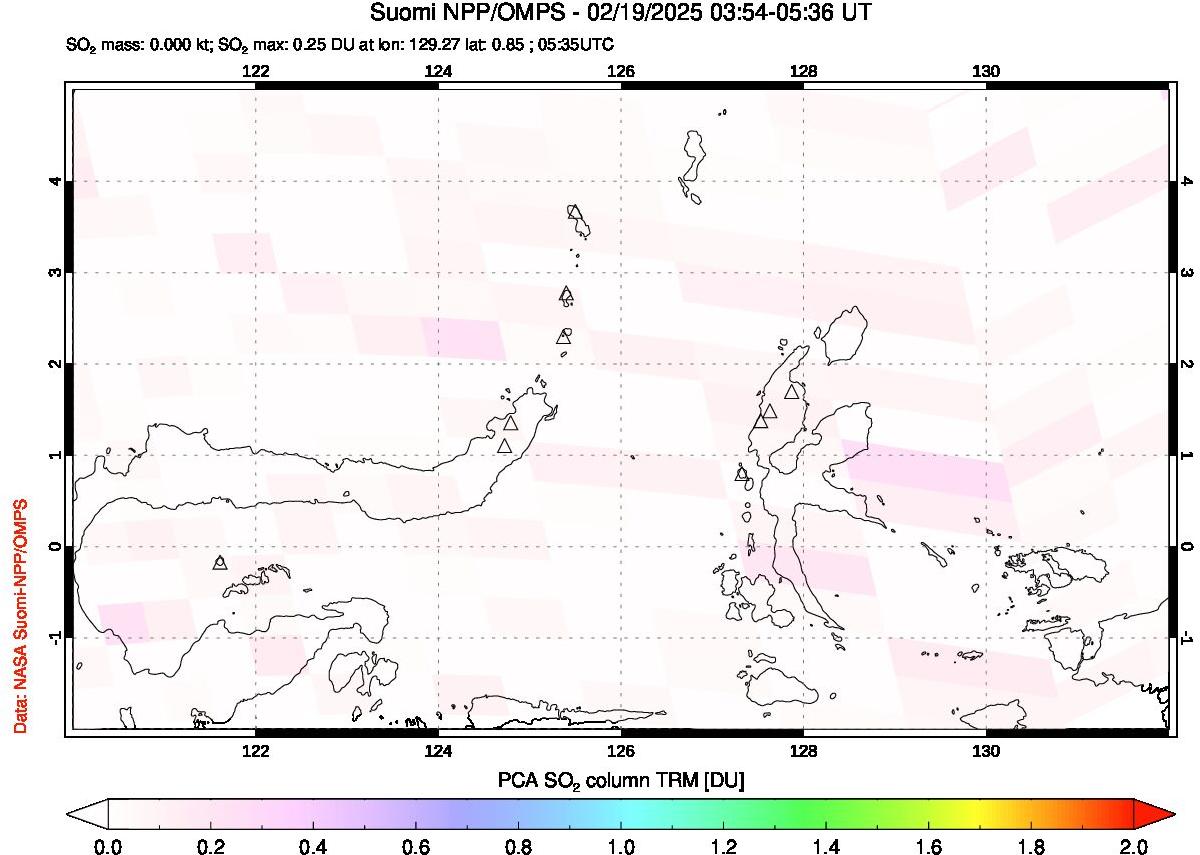 A sulfur dioxide image over Northern Sulawesi & Halmahera, Indonesia on Feb 19, 2025.