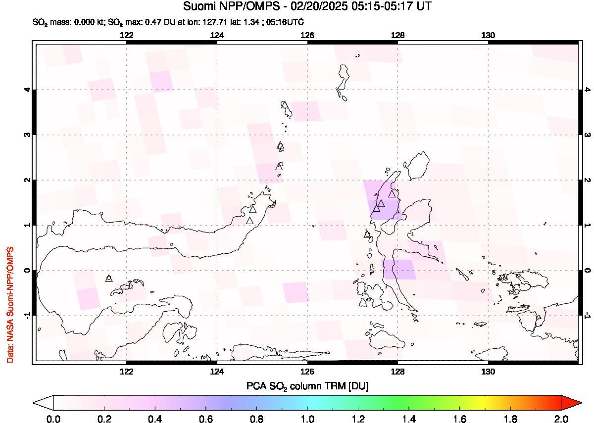 A sulfur dioxide image over Northern Sulawesi & Halmahera, Indonesia on Feb 20, 2025.