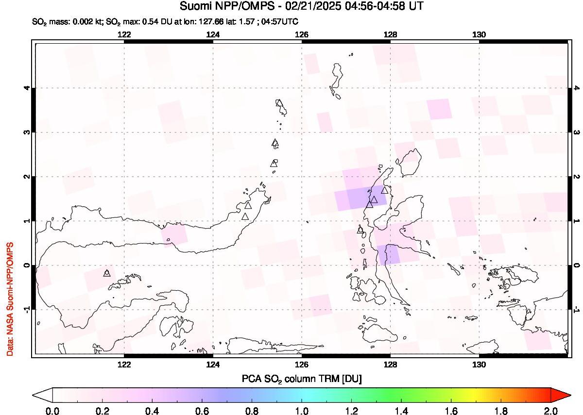 A sulfur dioxide image over Northern Sulawesi & Halmahera, Indonesia on Feb 21, 2025.