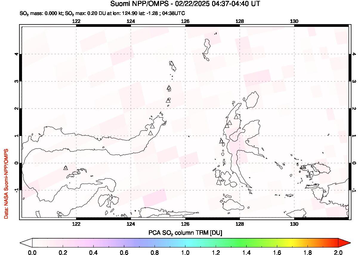 A sulfur dioxide image over Northern Sulawesi & Halmahera, Indonesia on Feb 22, 2025.