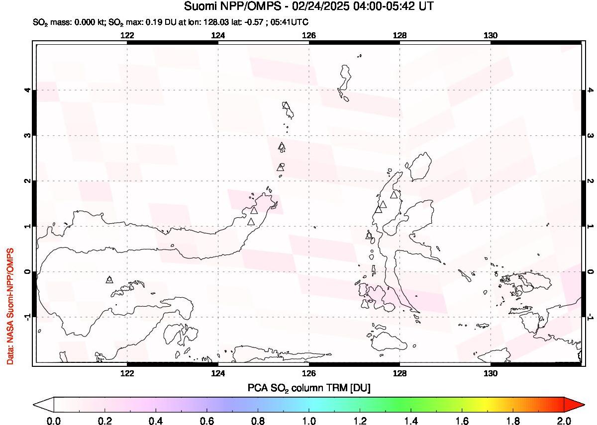 A sulfur dioxide image over Northern Sulawesi & Halmahera, Indonesia on Feb 24, 2025.