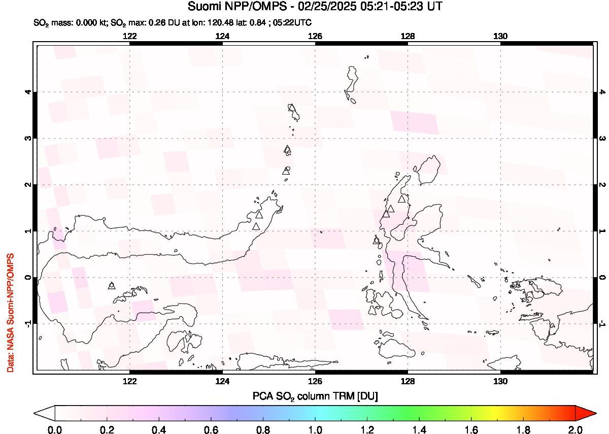 A sulfur dioxide image over Northern Sulawesi & Halmahera, Indonesia on Feb 25, 2025.