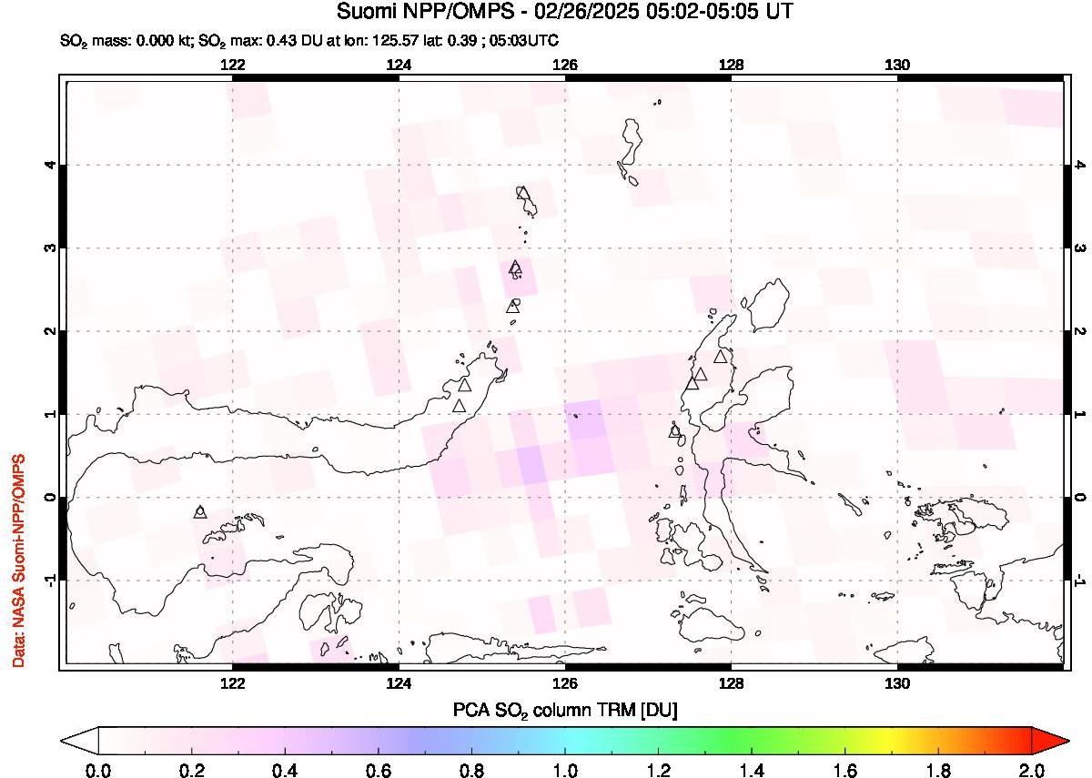 A sulfur dioxide image over Northern Sulawesi & Halmahera, Indonesia on Feb 26, 2025.