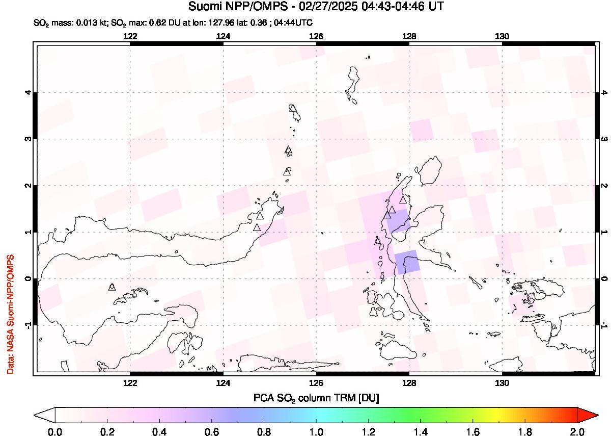 A sulfur dioxide image over Northern Sulawesi & Halmahera, Indonesia on Feb 27, 2025.