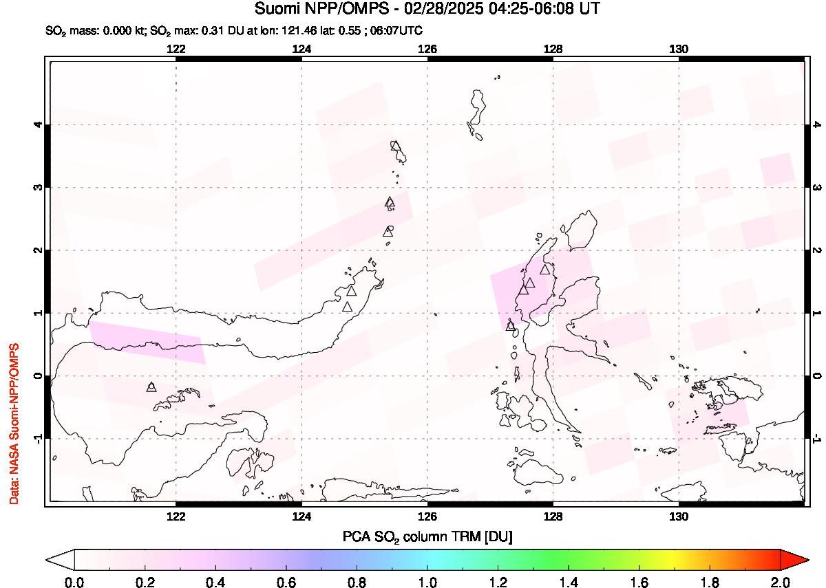 A sulfur dioxide image over Northern Sulawesi & Halmahera, Indonesia on Feb 28, 2025.