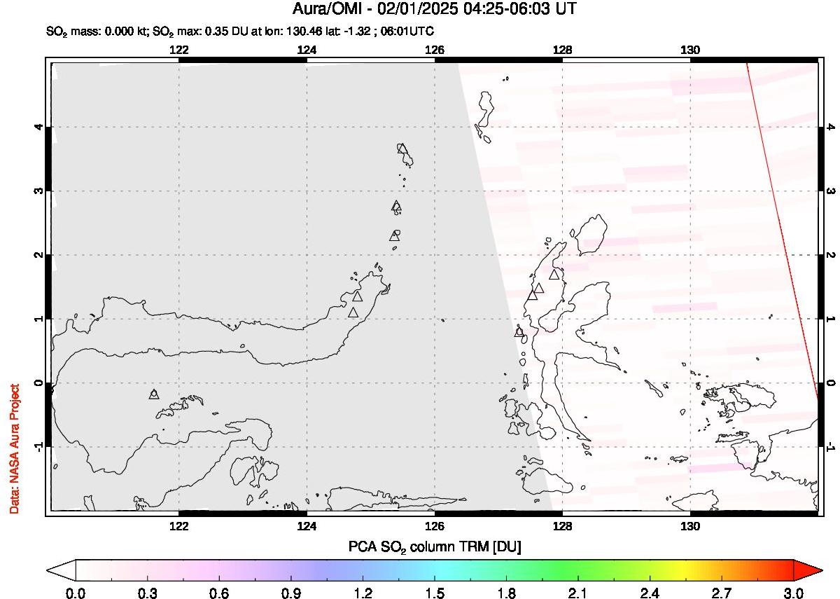 A sulfur dioxide image over Northern Sulawesi & Halmahera, Indonesia on Feb 01, 2025.