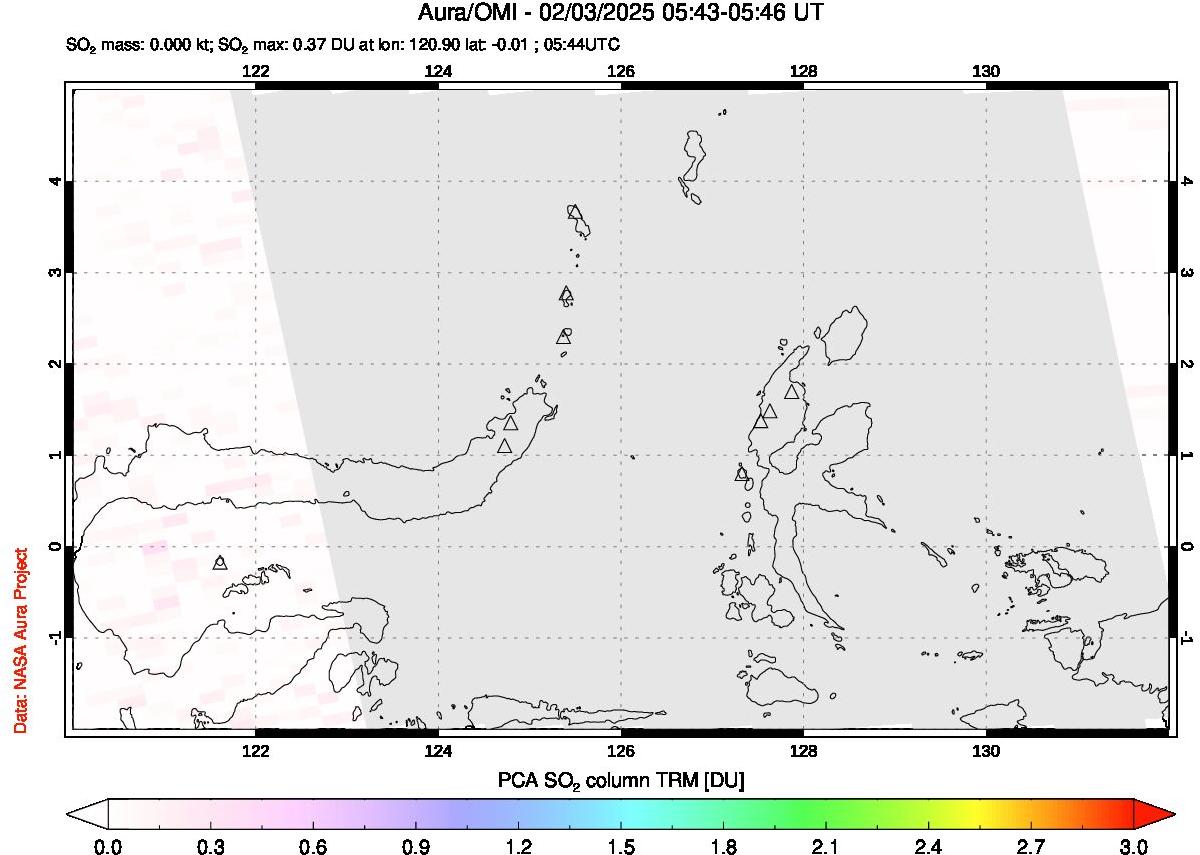 A sulfur dioxide image over Northern Sulawesi & Halmahera, Indonesia on Feb 03, 2025.