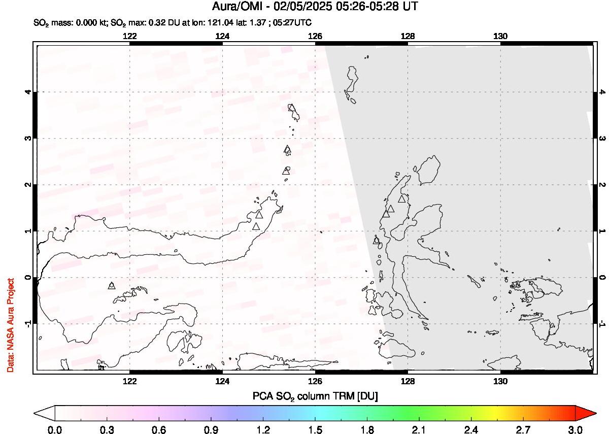 A sulfur dioxide image over Northern Sulawesi & Halmahera, Indonesia on Feb 05, 2025.