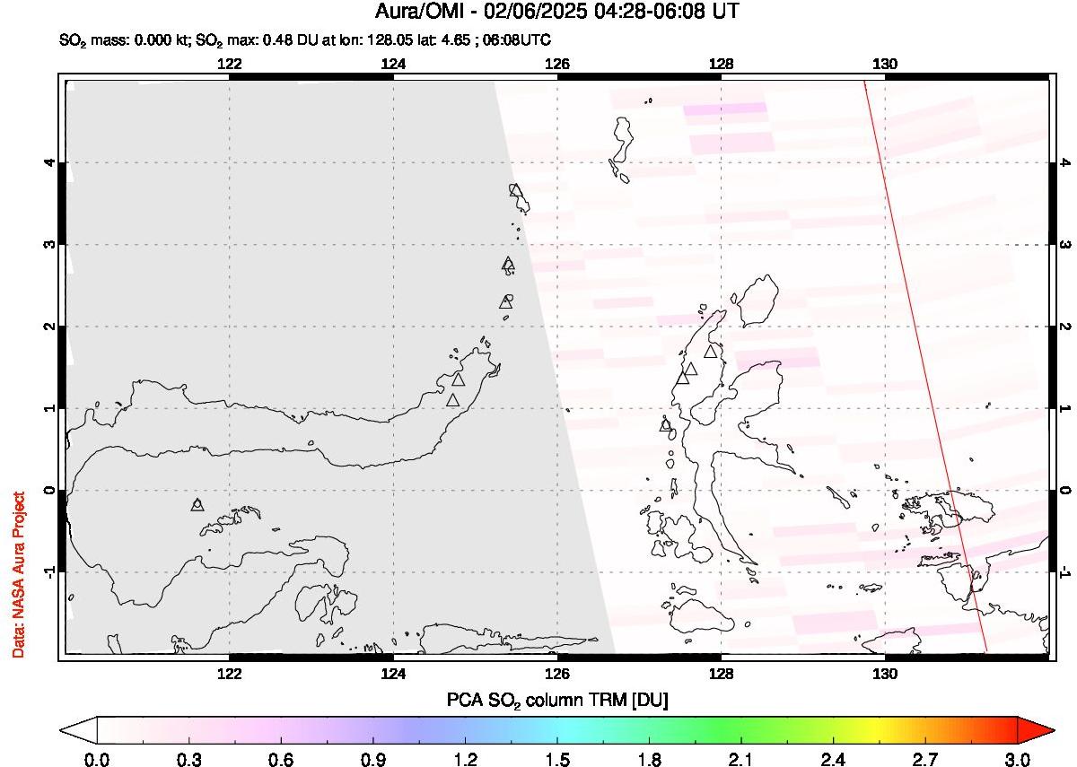 A sulfur dioxide image over Northern Sulawesi & Halmahera, Indonesia on Feb 06, 2025.