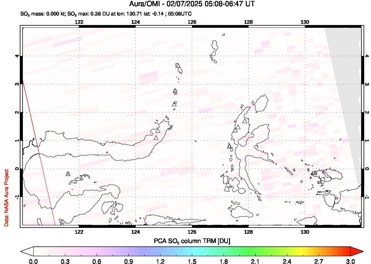 A sulfur dioxide image over Northern Sulawesi & Halmahera, Indonesia on Feb 07, 2025.