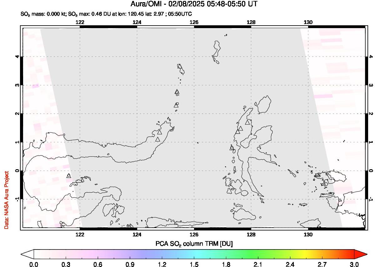 A sulfur dioxide image over Northern Sulawesi & Halmahera, Indonesia on Feb 08, 2025.