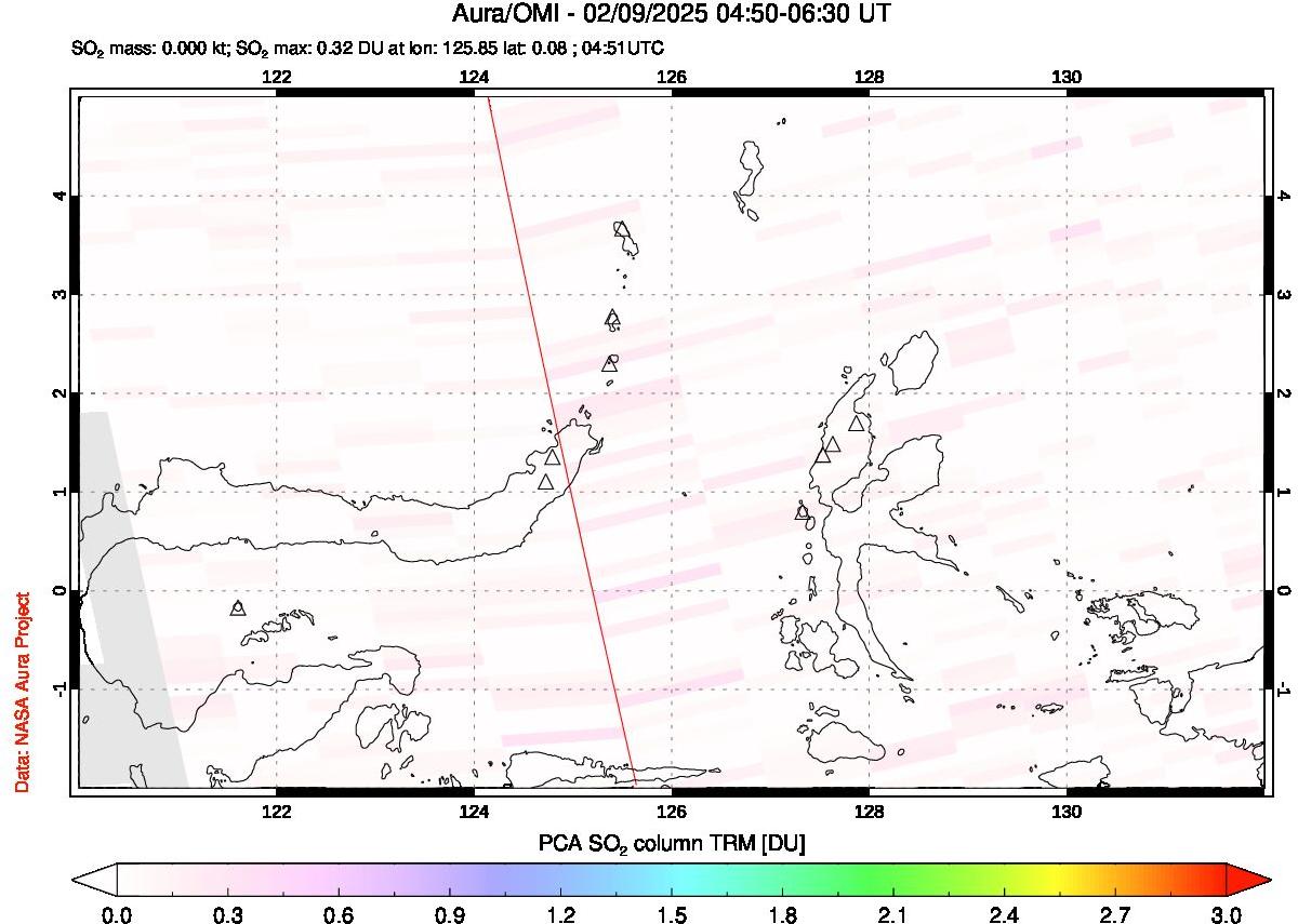 A sulfur dioxide image over Northern Sulawesi & Halmahera, Indonesia on Feb 09, 2025.