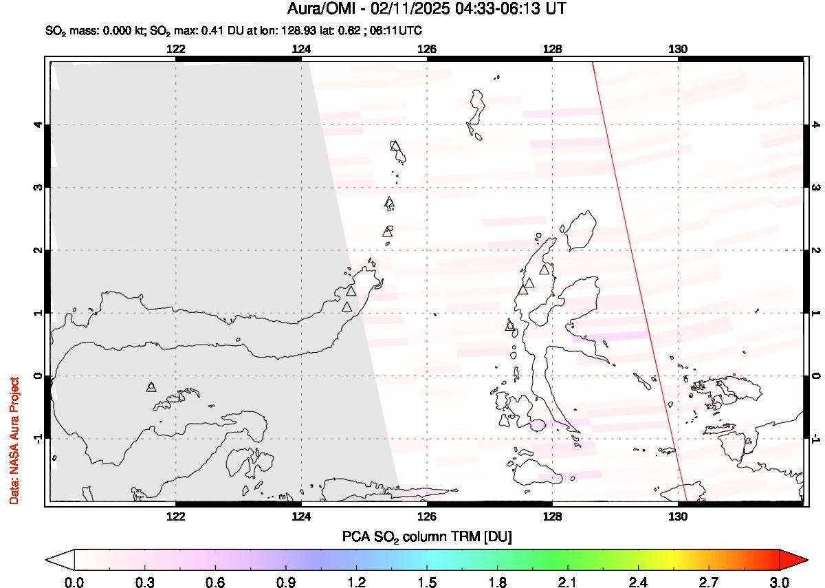 A sulfur dioxide image over Northern Sulawesi & Halmahera, Indonesia on Feb 11, 2025.