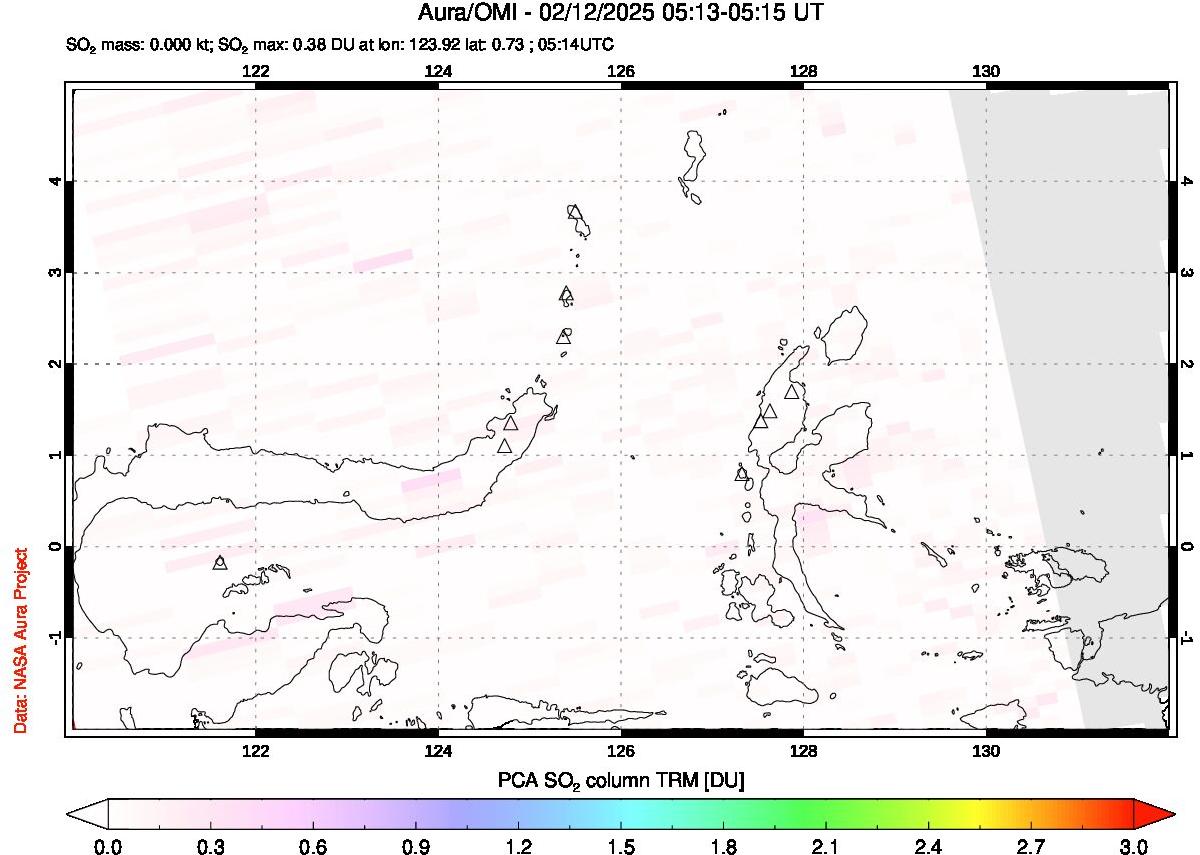 A sulfur dioxide image over Northern Sulawesi & Halmahera, Indonesia on Feb 12, 2025.