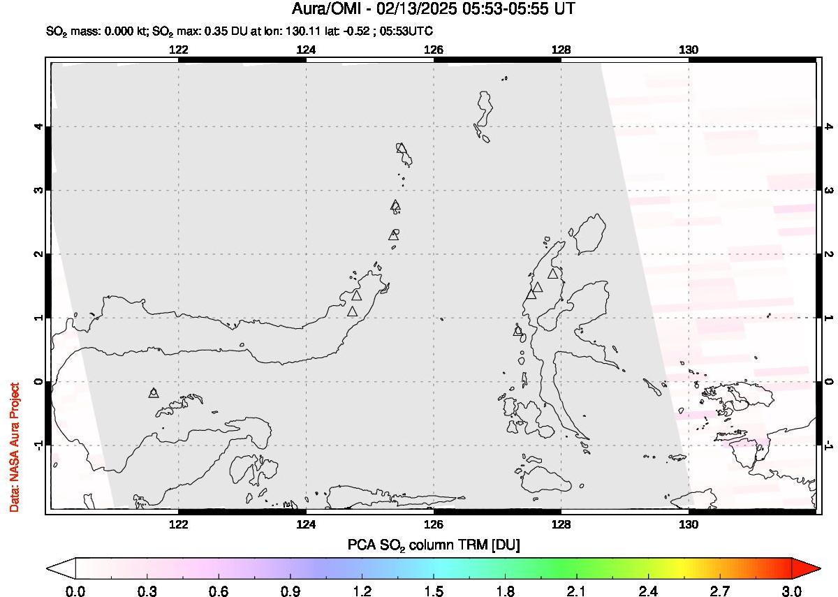 A sulfur dioxide image over Northern Sulawesi & Halmahera, Indonesia on Feb 13, 2025.