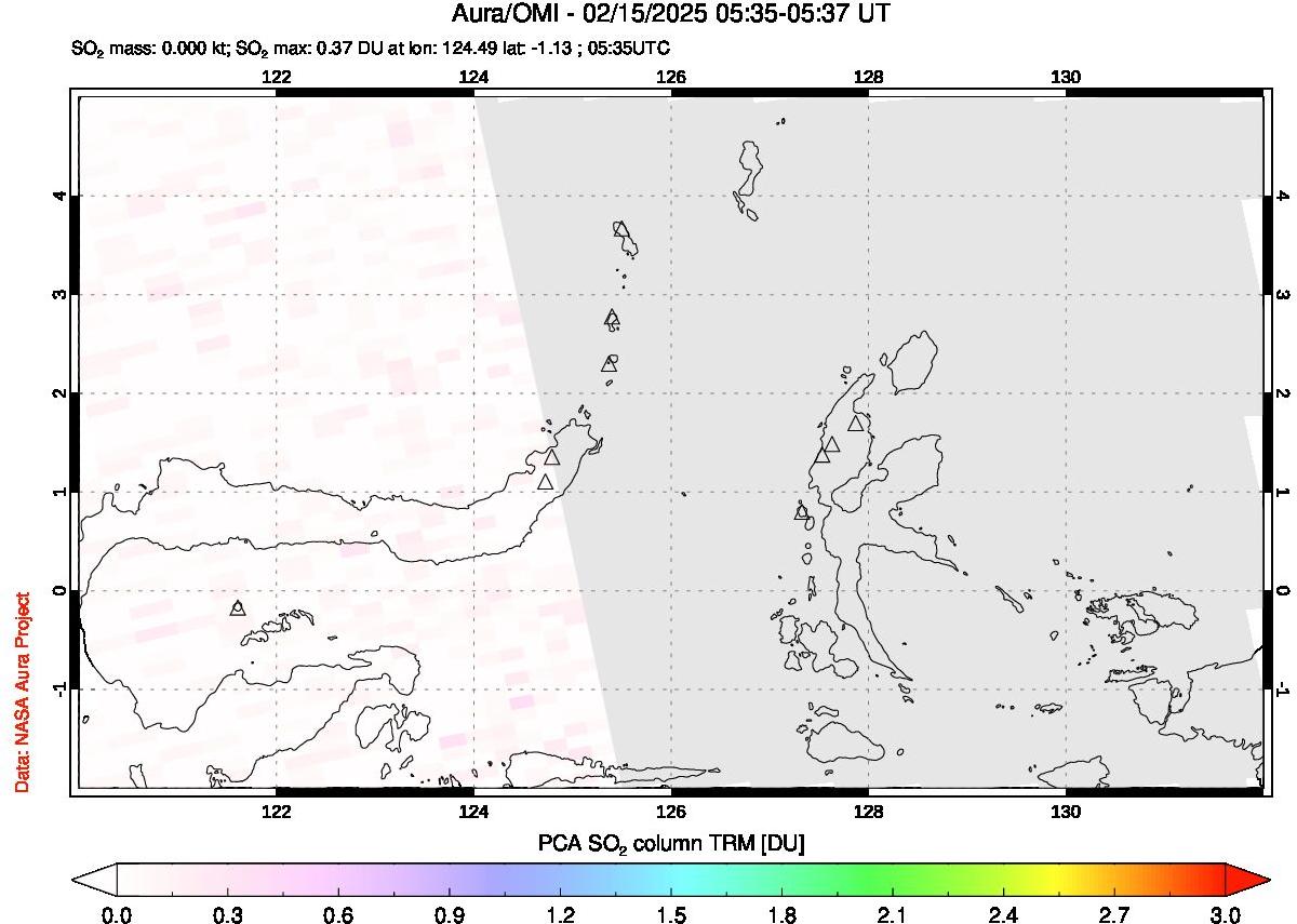 A sulfur dioxide image over Northern Sulawesi & Halmahera, Indonesia on Feb 15, 2025.