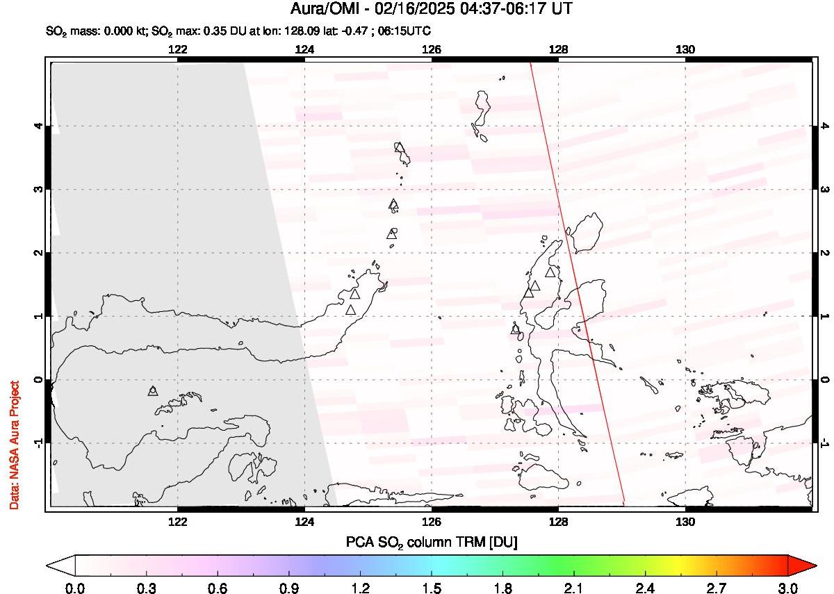 A sulfur dioxide image over Northern Sulawesi & Halmahera, Indonesia on Feb 16, 2025.