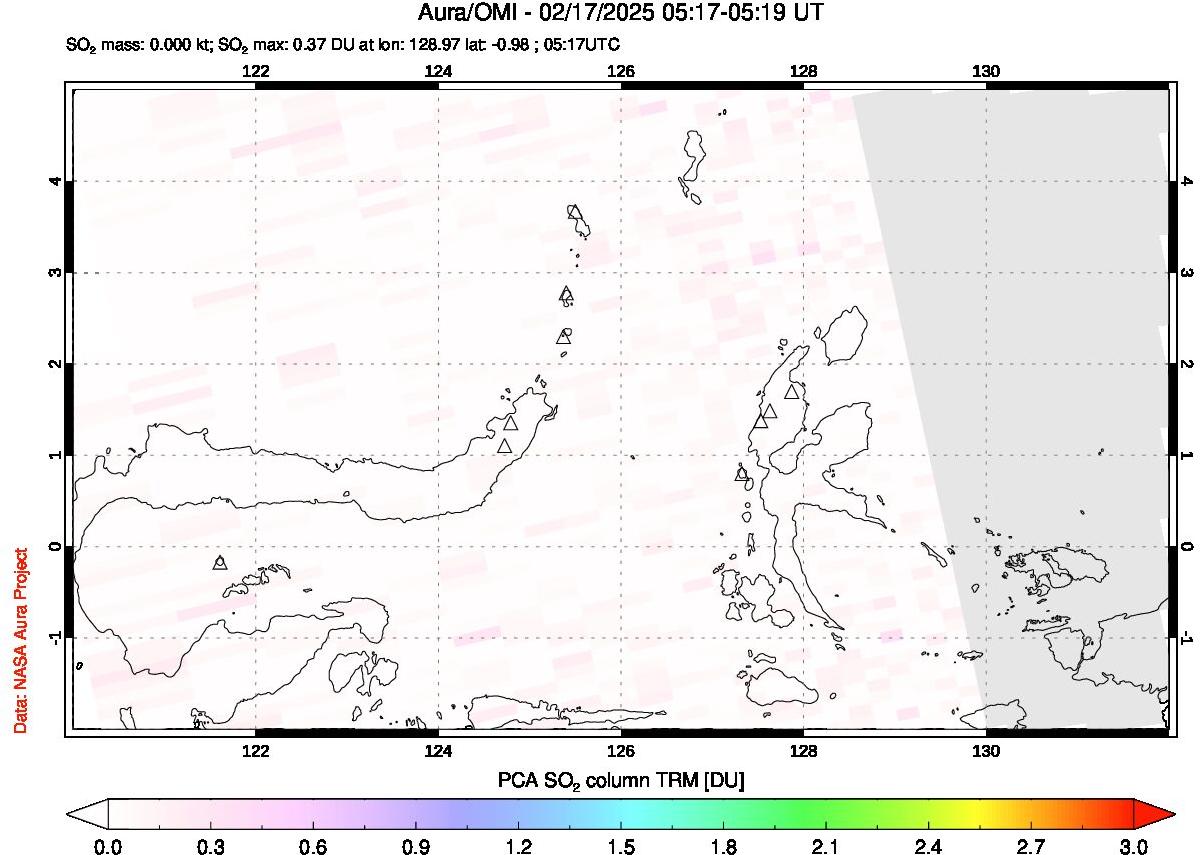 A sulfur dioxide image over Northern Sulawesi & Halmahera, Indonesia on Feb 17, 2025.