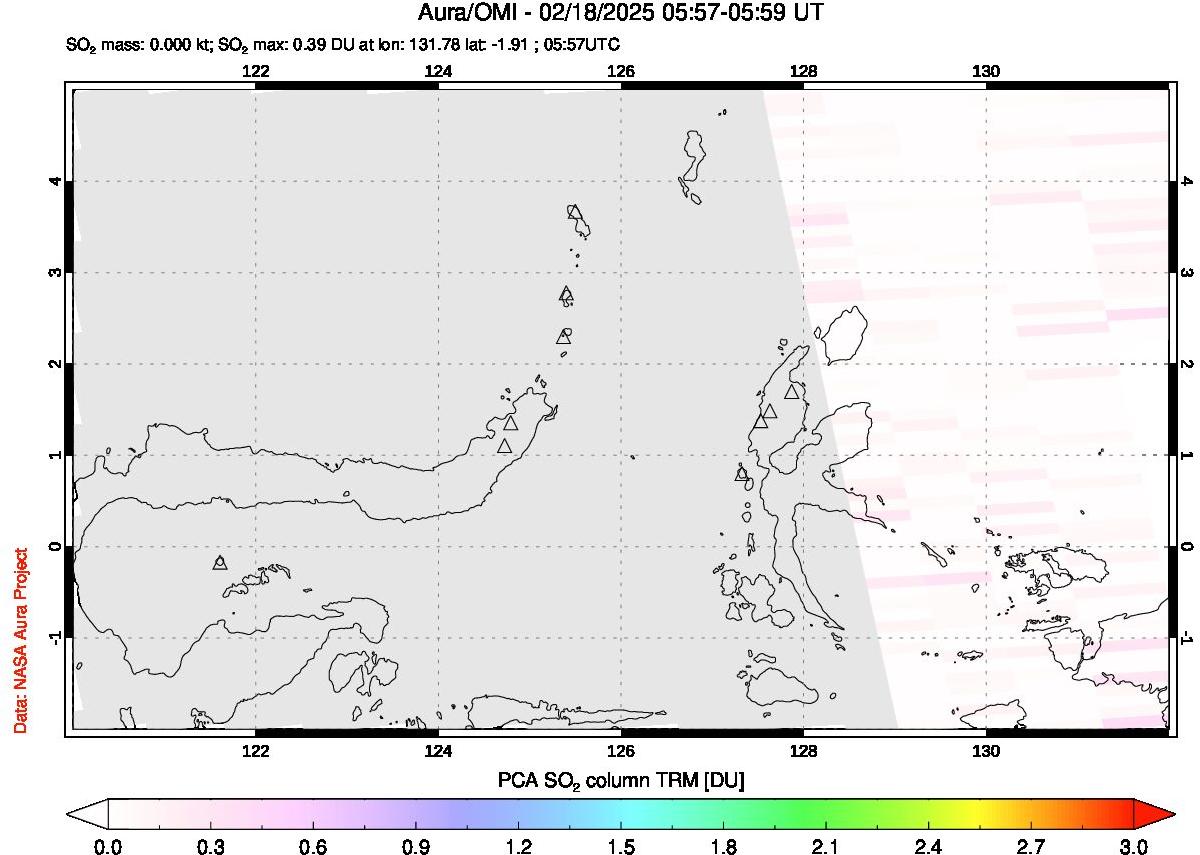 A sulfur dioxide image over Northern Sulawesi & Halmahera, Indonesia on Feb 18, 2025.