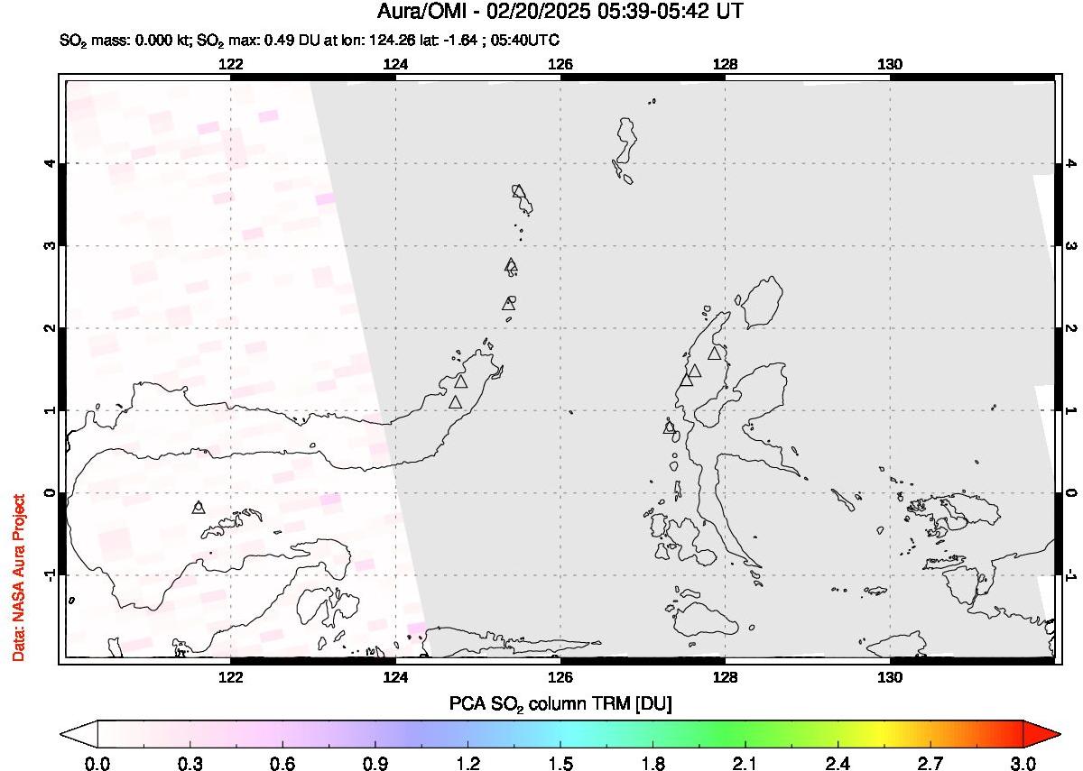 A sulfur dioxide image over Northern Sulawesi & Halmahera, Indonesia on Feb 20, 2025.