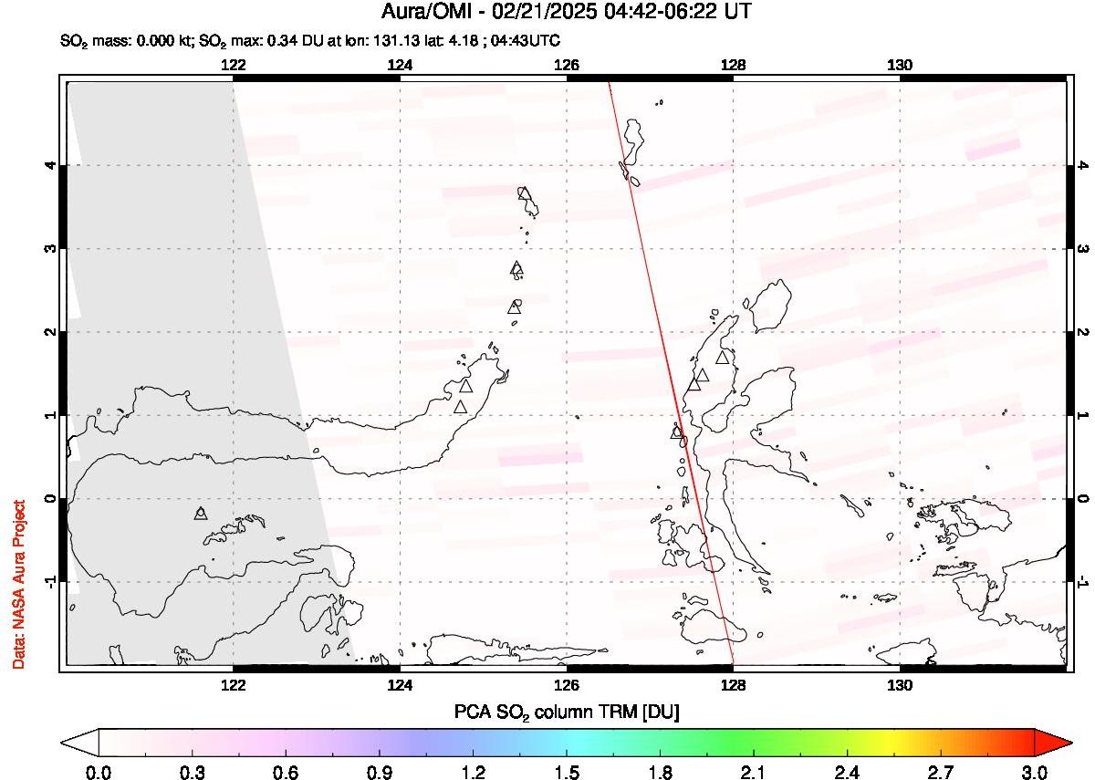 A sulfur dioxide image over Northern Sulawesi & Halmahera, Indonesia on Feb 21, 2025.