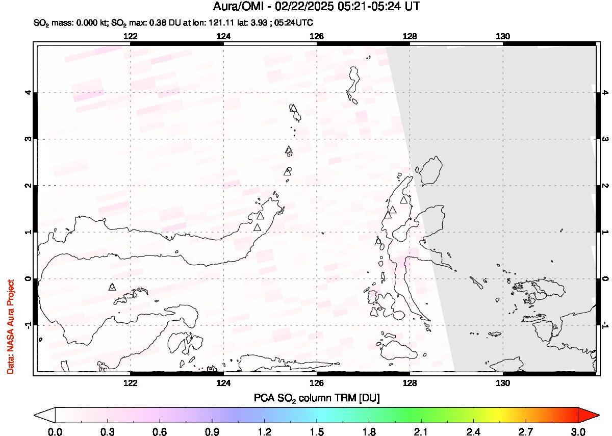 A sulfur dioxide image over Northern Sulawesi & Halmahera, Indonesia on Feb 22, 2025.