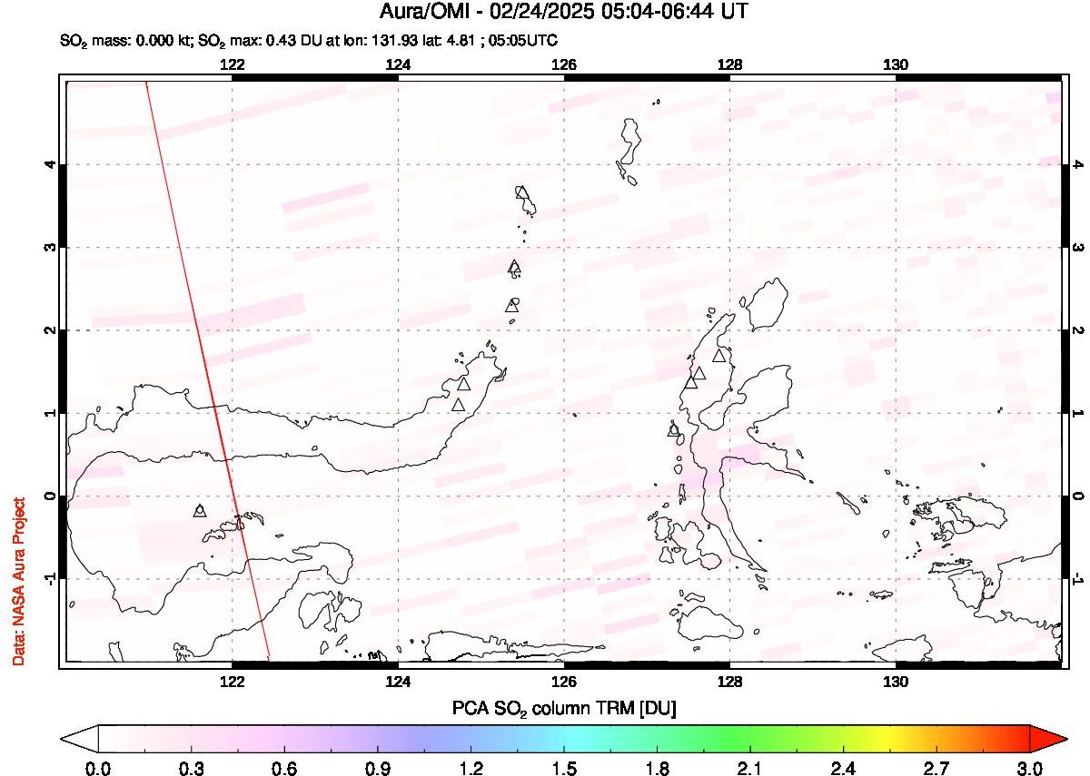 A sulfur dioxide image over Northern Sulawesi & Halmahera, Indonesia on Feb 24, 2025.