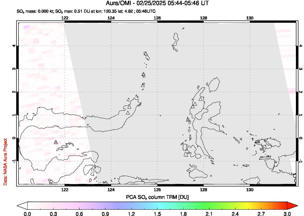 A sulfur dioxide image over Northern Sulawesi & Halmahera, Indonesia on Feb 25, 2025.