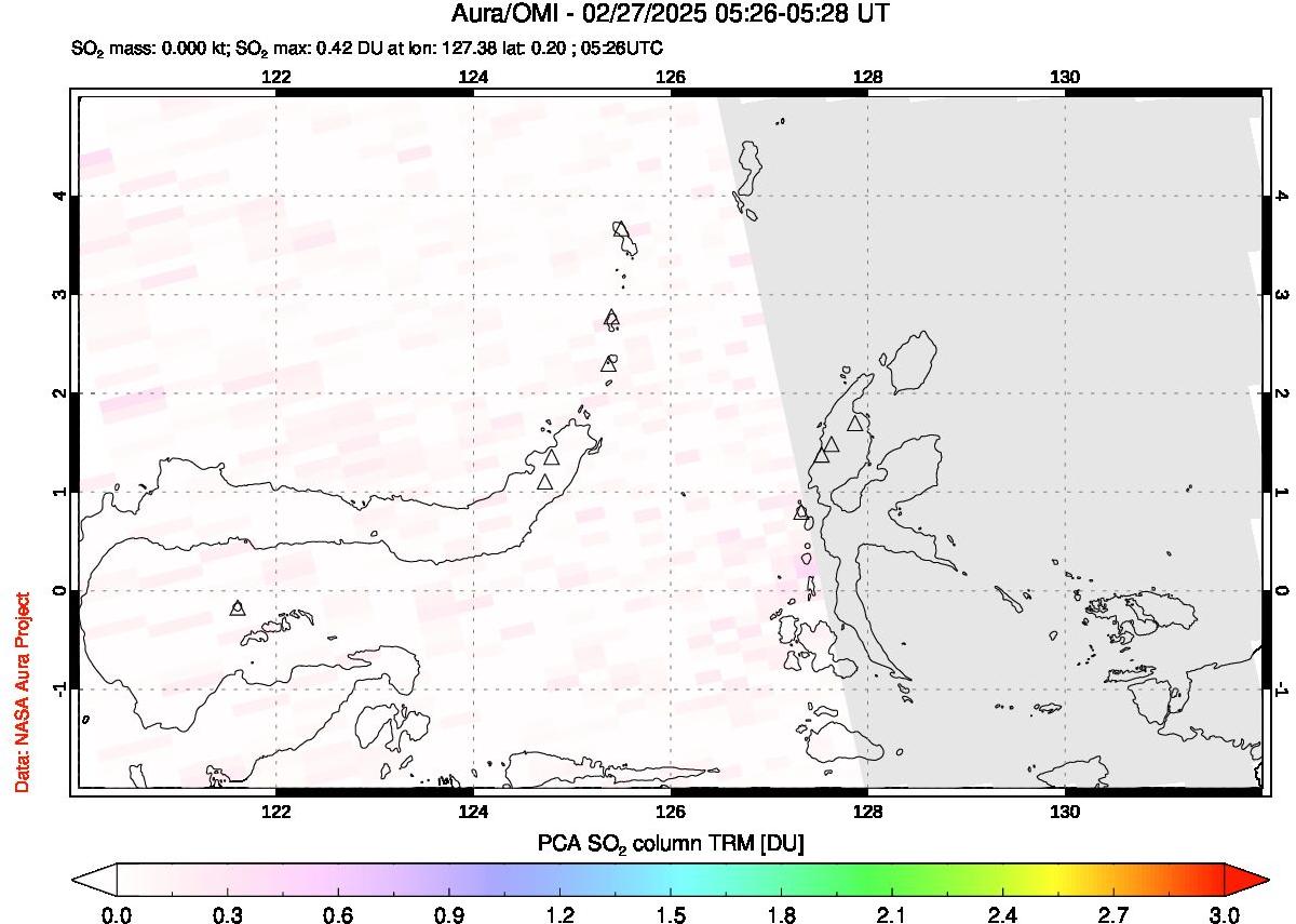 A sulfur dioxide image over Northern Sulawesi & Halmahera, Indonesia on Feb 27, 2025.