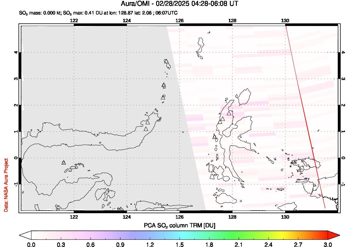 A sulfur dioxide image over Northern Sulawesi & Halmahera, Indonesia on Feb 28, 2025.