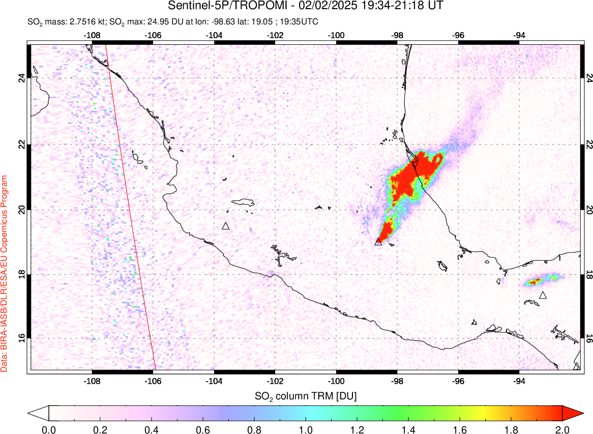 A sulfur dioxide image over Mexico on Feb 02, 2025.