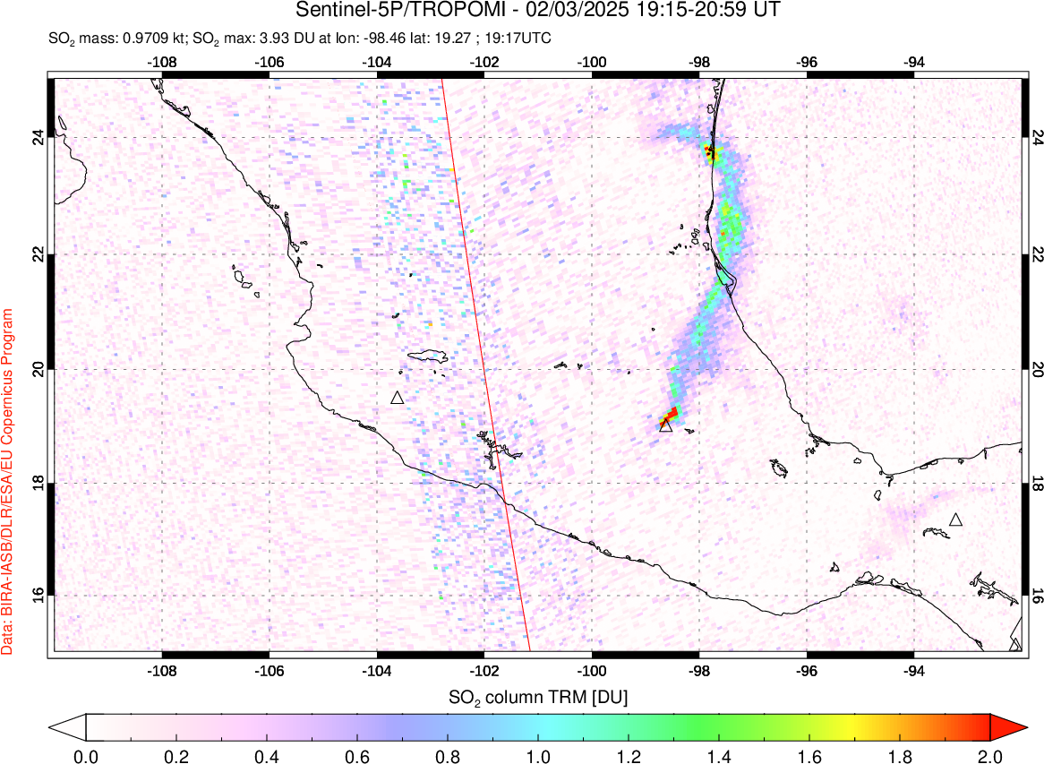 A sulfur dioxide image over Mexico on Feb 03, 2025.