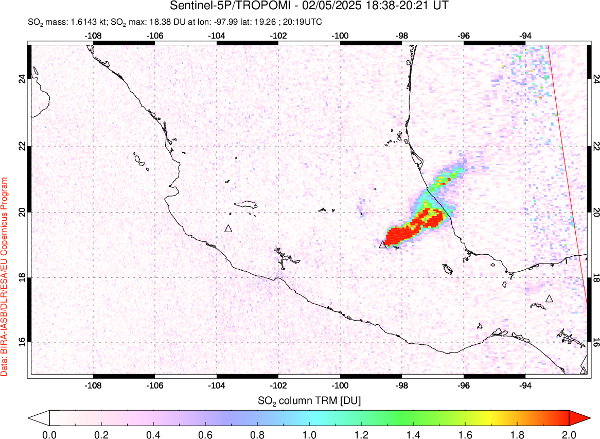 A sulfur dioxide image over Mexico on Feb 05, 2025.