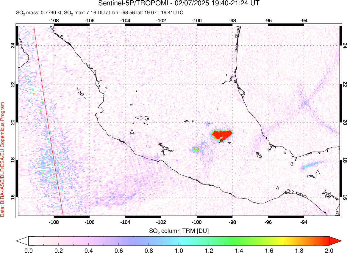 A sulfur dioxide image over Mexico on Feb 07, 2025.