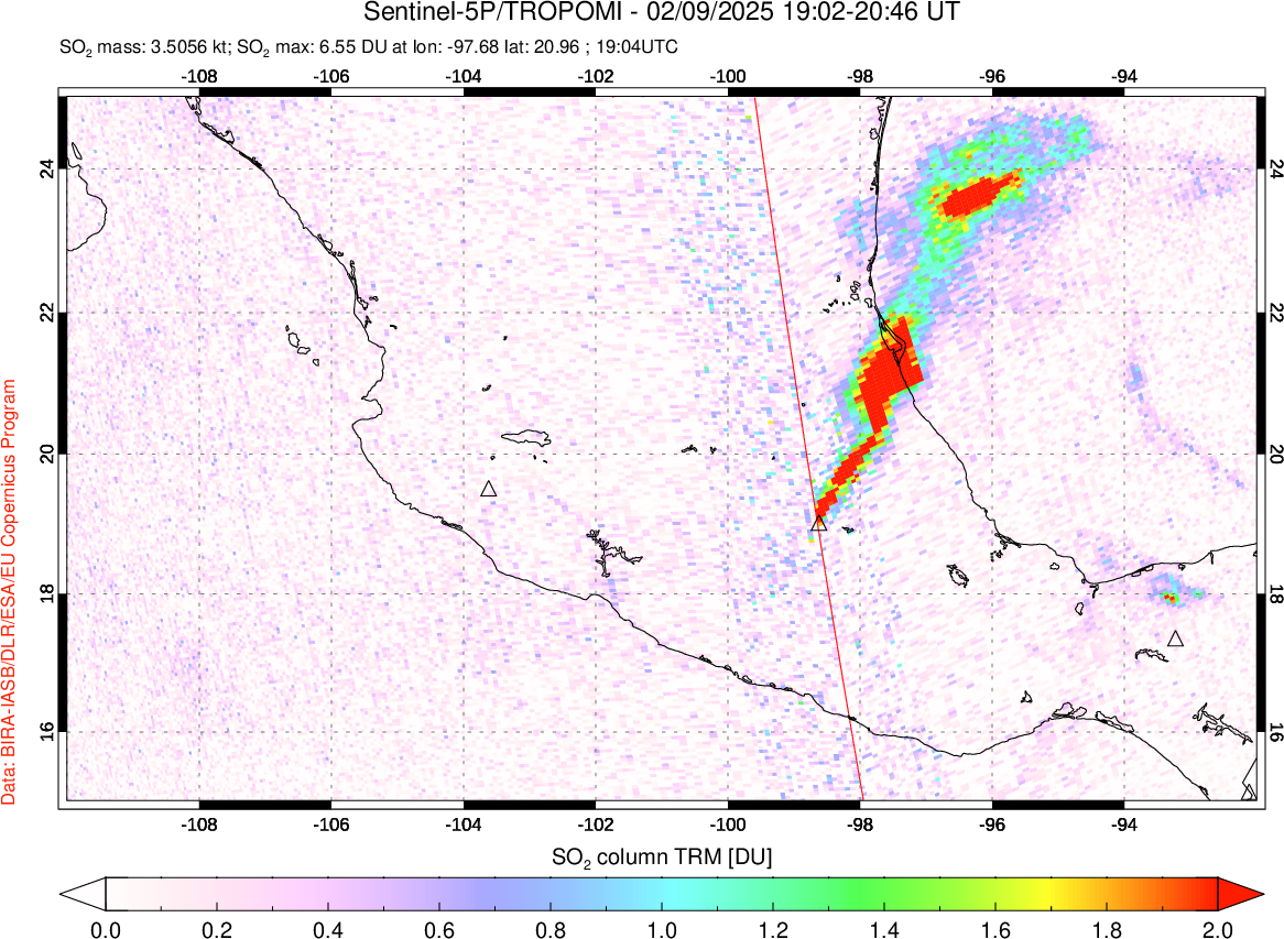 A sulfur dioxide image over Mexico on Feb 09, 2025.